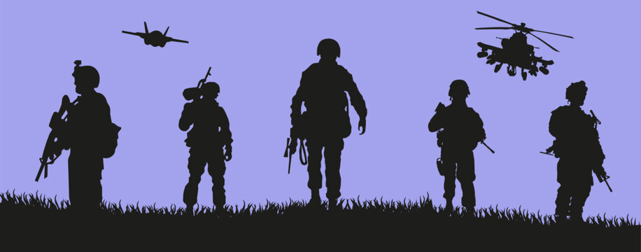Squad soldier silhouette vector, warrior at war. Silhouette of the military with weapons during training.