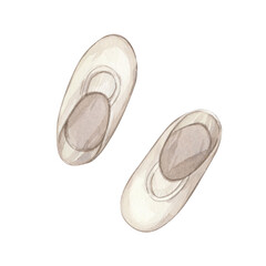 Watercolor illustration with vintage beige ballet shoes for a baby. Clipart isolated on white background.