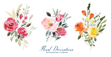 set of isolated watercolor flower decoration