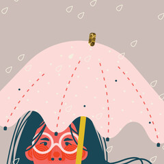 Stylish illustration with a girl under an umbrella in the rain. Vector card, print, design.