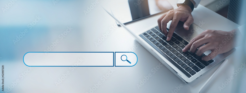 Poster data search technology, search engine optimization, seo concept. woman using laptop computer to sear