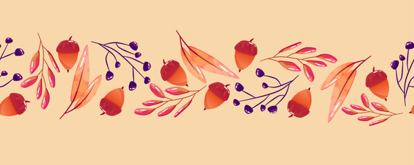 Fototapeta na wymiar Seamless border autumn fall. Thanksgiving holiday. Vector seamless pattern. Bright autumn design with leaf, acorn 