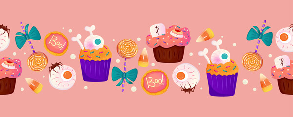 Halloween border with sweet dessert eyeball, cake and lollipop. Autumn vector background. Vector cartoon design. Halloween sweet, round cookie, spooky cake