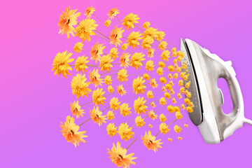 An iron that releases flowers instead of steam. Flowers that fly . Love and nature