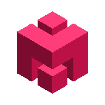 Red abstract cube shape. 3D letter M logo template. Geometric square object. Isometric letters M L symbol. Corporate logotype. Architecture block design element. Vector illustration, flat, clip art. 
