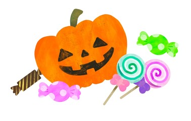 ハロウィン　ジャックオーランタン　かぼちゃとお菓子のイラスト