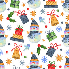 Watercolor seamless pattern-cute snowmen in hats with elements - star, bell, gifts, snowflakes and bird. Winter holidays watercolor illustration with cute snowman character. Perfect for wrapping paper
