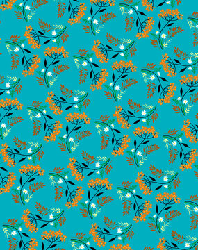 Decorative Summer Autumn Pattern With Mixed Wild Flowers And Herbs Isolated On A Muted Blue Background