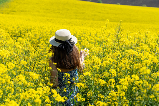 Beautiful girl with dress and hat in the Canola Fields. Blooming canola fields under a blue sky with clouds. Beautiful yellow flowers. Happy girl in nature.