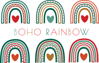 Set of 6 Boho rainbows. Baby decorative design. Colorful vector illustration. 