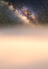 Clouds and starry sky. Natural background with fog waves and Milky Way