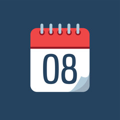vector illustration of calendar with bent tip, red icon isolated on navy blue background, appointment schedule marking day 08.