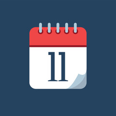 vector illustration of calendar with bent tip, red icon isolated on navy blue background, appointment schedule marking day 11.