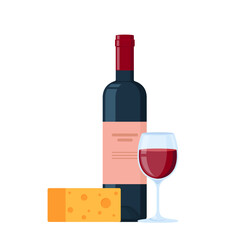 Delicious Red Wine with traditional cheese. Full wine glass, bottle of wine. Flat Vector Illustration.