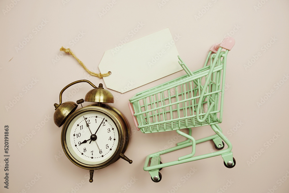 Poster empty price tag with alarm clock and shopping trolley cart on pink background