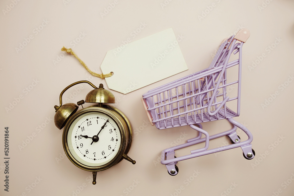 Poster empty price tag with alarm clock and shopping trolley cart on pink background