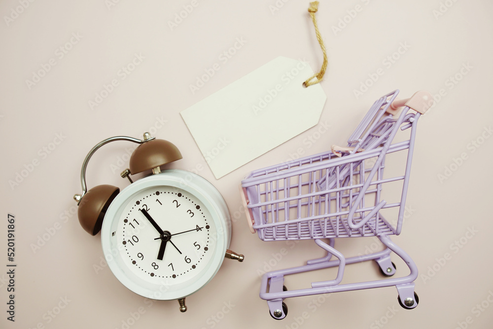 Poster empty price tag with alarm clock and shopping trolley cart on pink background