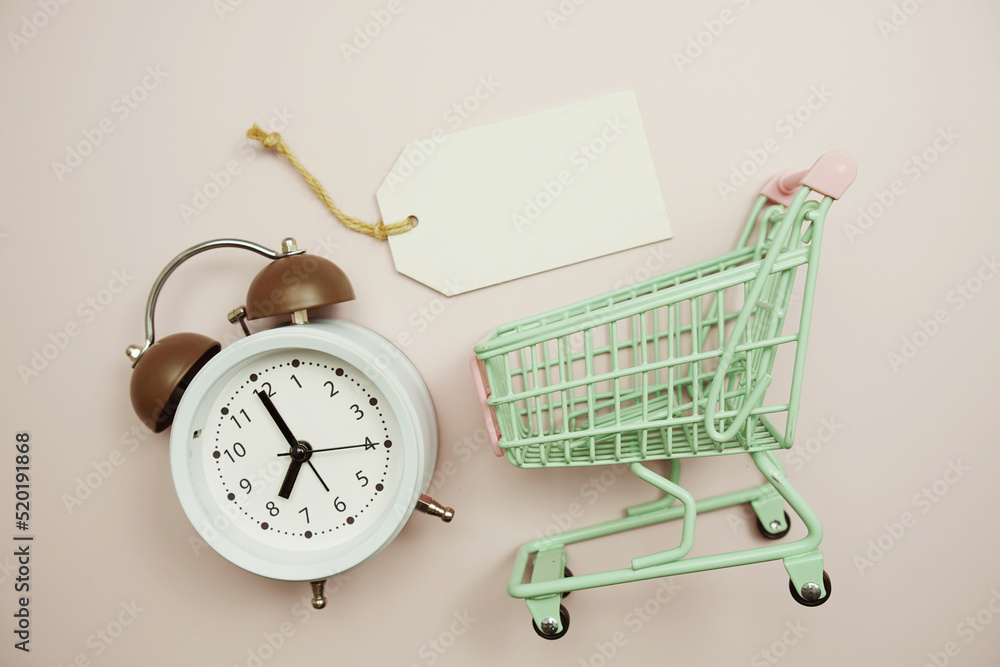 Poster empty price tag with alarm clock and shopping trolley cart on pink background