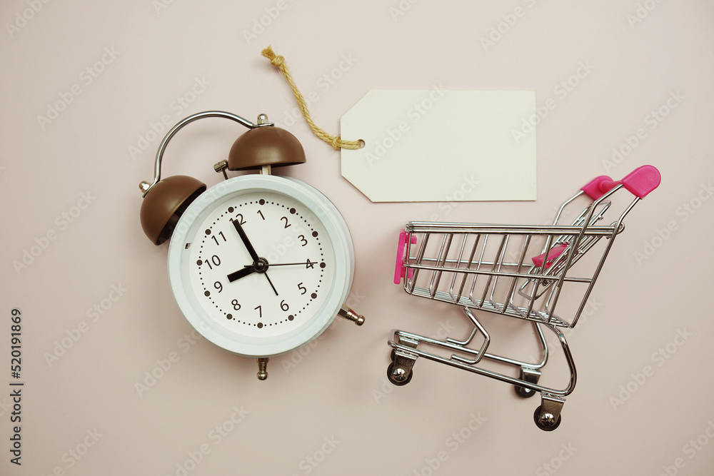 Poster empty price tag with alarm clock and shopping trolley cart on pink background