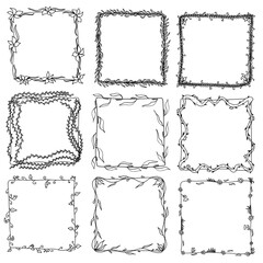 Set Hand drawn doodle frame with plants flowers