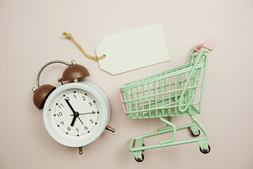Empty Price tag with alarm clock and shopping trolley cart on pink background