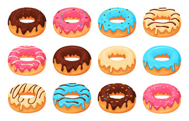 Set of colored beautiful donuts with icing and sweet sprinkles. Vector illustration