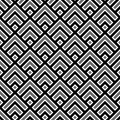Seamless Chinese window tracery pattern design. Repeated grey rhombuses and angle brackets on black background. Scallop ornament. Image with scales. Ancient japanese scallops motif. Squama. Vector art