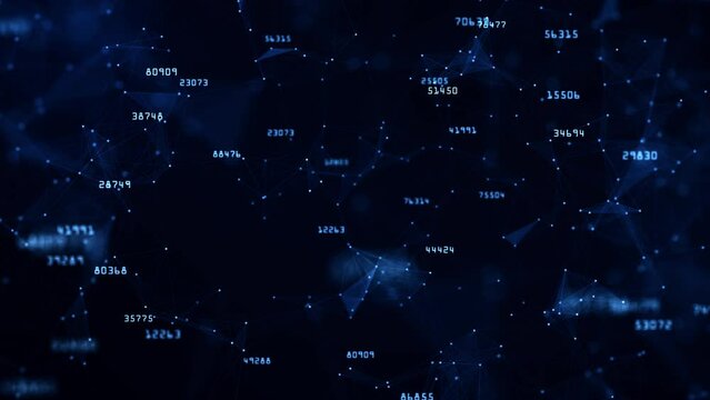 Algorithms and Data Structure concept with animating numbers and connected dots and lines over dark background