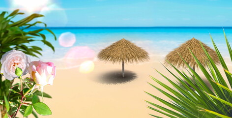 palm beach tropical exotic flowers and straw tent on white sand it blue sea and sky travel vacation summer holiday banner copy space,template ,background