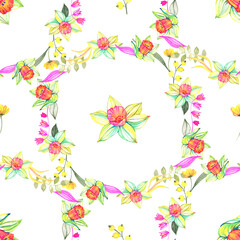 Fototapeta na wymiar Watercolor floral botanical pattern and seamless background. Ideal for printing onto fabric and paper or scrap booking. Hand painted. Raster illustration.