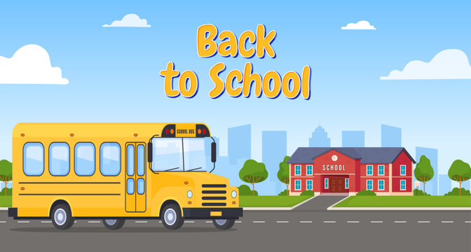 Yellow school bus. Back to school. Transporting children from home to school. Vector illustration