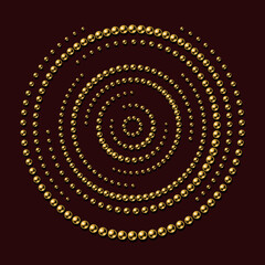 Beaded minimal mandala with golden beads, buttons on a dark red background. Decorative creative mandala for print, poster, cover, brochure, flyer, banner