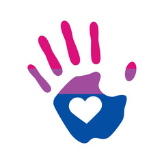 Handprint with heart bisexual pride flag icon vector. Palm print bisexual flag design element isolated on a white background