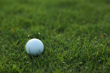 Golf ball on green course, space for text