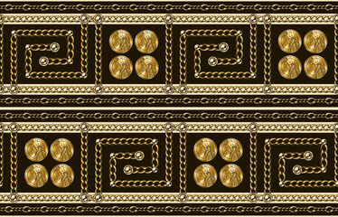 Seamless pattern with geometric meander borders, gold coins, chains, beads. Decorative classic background with ancient greek border ornament.