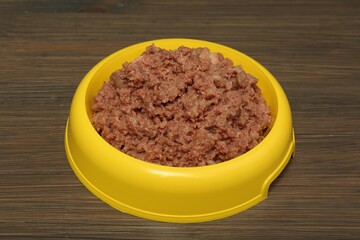 Wet pet food in feeding bowl on wooden background