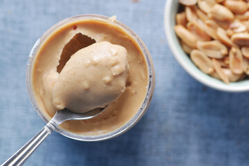 top view of peanut butter in a container ,