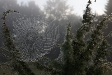 Closeup view of cobweb with dew drops on plants in forest