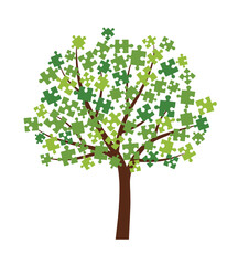 Abstract tree with leaves made of a green puzzles. Isolated on white background. Flat style, vector illustration.