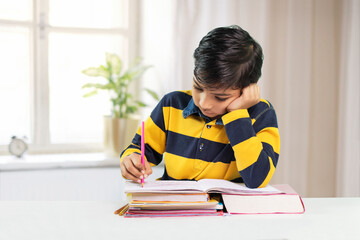 Indian boy student doing study at home, He is writing on notebook and doing his homework