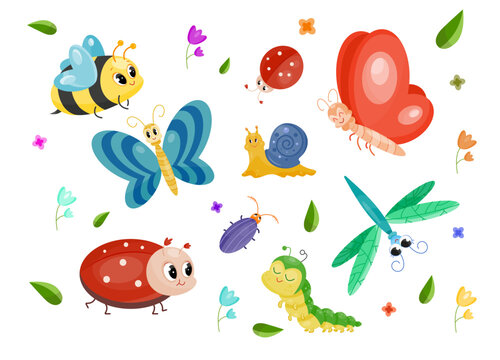 Set of insects. Fabulous stickers with butterfly, bee, dragonfly, snail, ladybug, beetle and caterpillar. Design elements for fairy tales. Cartoon flat vector collection isolated on white background
