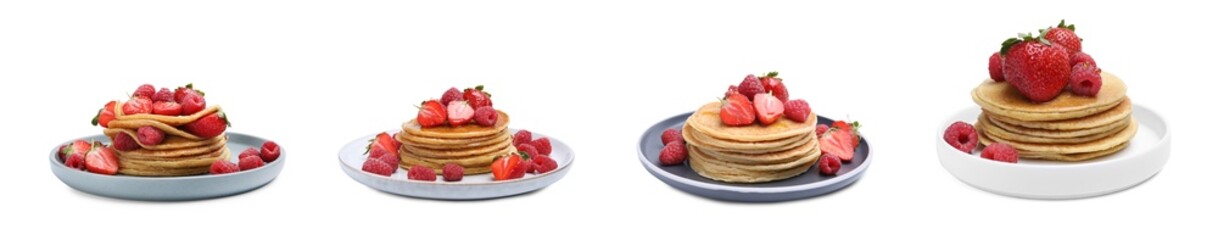 Set of tasty pancakes with fresh berries and honey on white background. Banner design