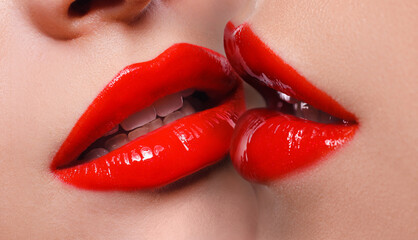 Closeup view of girls kissing each other. Lesbian couple
