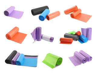 Set with rolls of garbage bags on white background