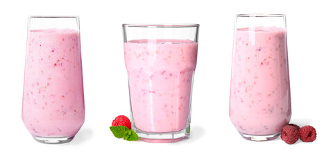 Set with tasty raspberry smoothie on white background. Banner design