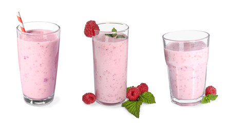 Set with tasty raspberry smoothie on white background. Banner design