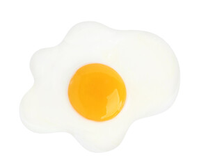 Tasty fried chicken egg isolated on white, top view