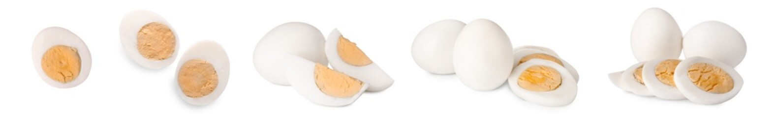 Set with tasty hard boiled eggs on white background. Banner design