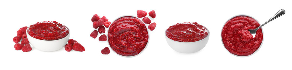 Set with tasty raspberry puree on white background. Banner design