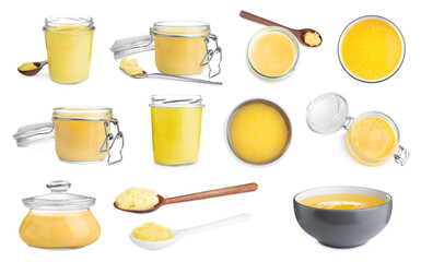 Set with tasty ghee butter on white background